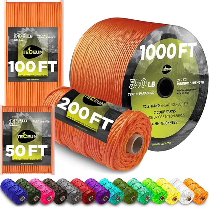 TECEUM 5/32" Paracord Rope 1000 – 1000ft / 200ft / 100ft / 50ft – Tactical by TECEUM