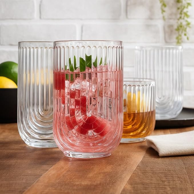 Glaver's 16-Piece Drinking Glass Set, Art Deco Ribbed Arch Design, 17oz - Image 6