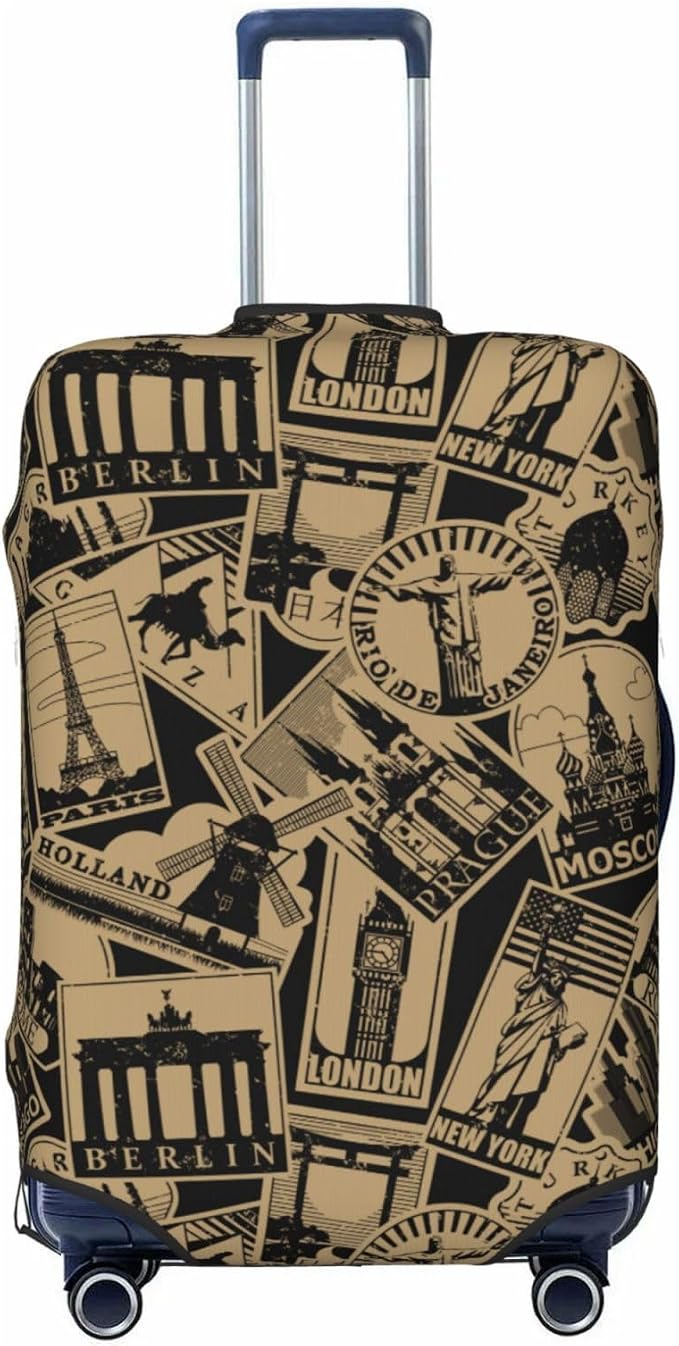 Travel Luggage Cover with World Famous Landmarks Print, Suitcase Protector by XBFCDN