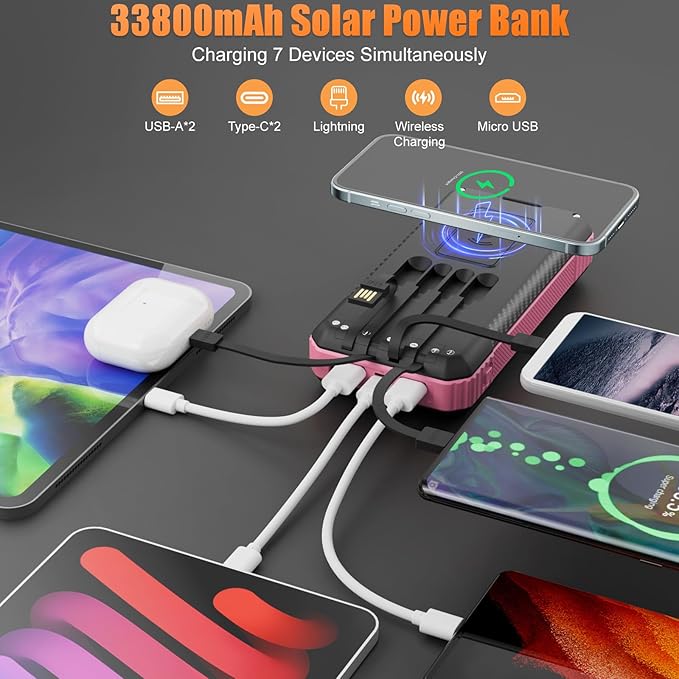 Solar Power Bank 33800mAh with Super Bright LED Flashlight, Built-in 4 Cables & - Image 2