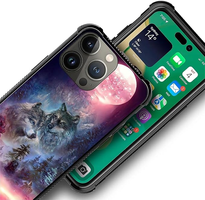 for iPhone 14 Pro Case, Star Two Wolfs Howling Pattern Graphic Design Girl Boy - Image 2