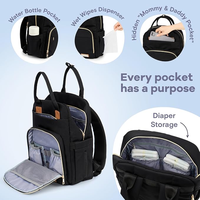 RUVALINO Diaper Bag Backpack, Large Capacity, Waterproof, Deep Black - Image 2