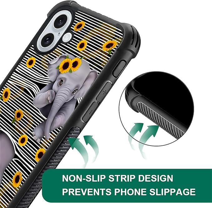 for iPhone 16 Plus Case, Cute Little Elephant Sunflower White Line Art Pattern - Image 6