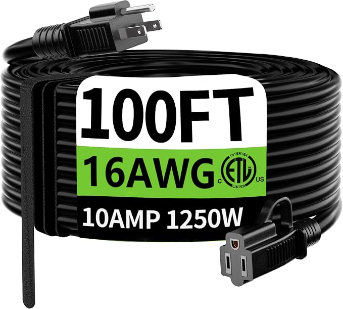 HUANCHAIN Indoor Outdoor Black Extension Cord 100 ft Waterproof, 16/3 Gauge by huanchain