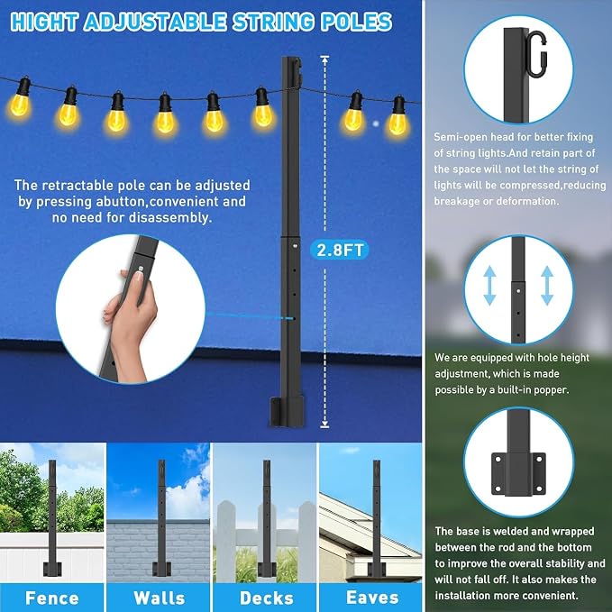 NUERPO 8 Pack String Light Poles, 2.8Ft Metal Poles - Image 2