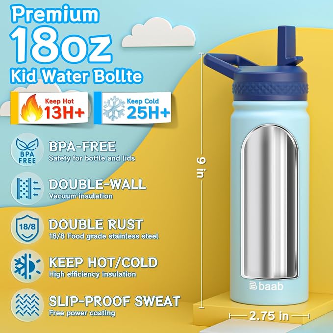 baab 18oz Kids Water Bottle, Insulated Water Bottle - Image 2