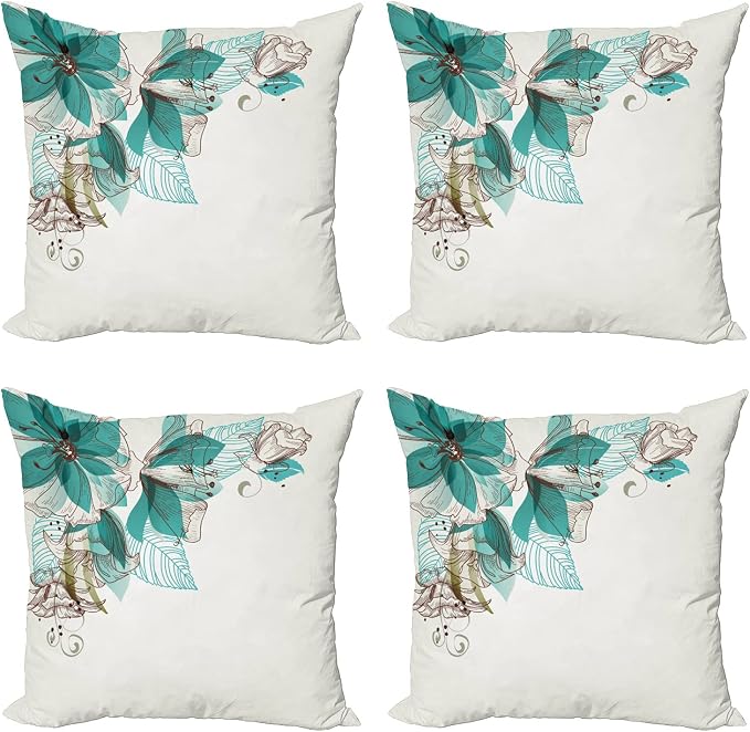 Ambesonne Turquoise Throw Pillow Cushion Case Pack of 4, Flowers Buds Leaf at by Ambesonne