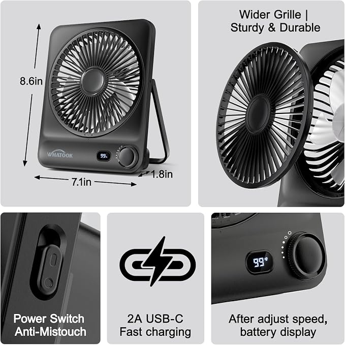 WHATOOK Large Travel Desk Fan: 10000mAh Battery 40 Hours Runtime Silent - Image 5