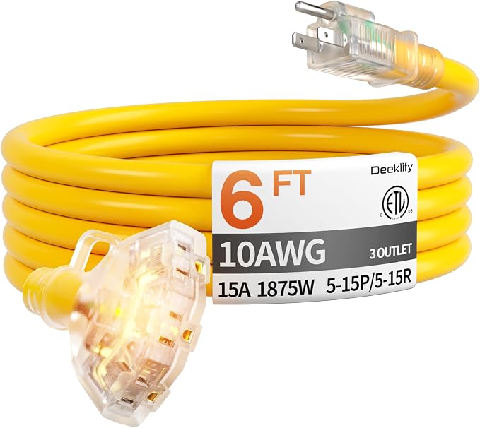 6 ft 10 Gauge Heavy Duty 3 Outlet Extension Cord Splitter by Deeklify