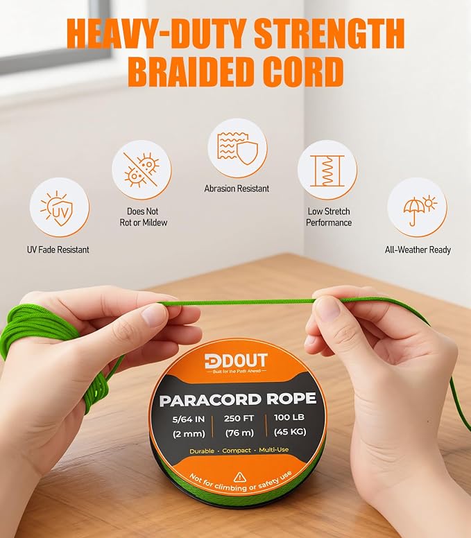DDOUT 2mm Paracord 100lb, Thin Micro Paracord Rope, FLGreen 250FT Nylon Cord - Image 3