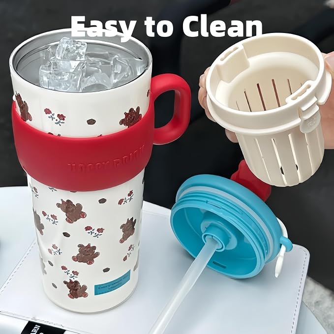 21oz Cute Bear Car Cup with Straw & Cap, Leak-Proof Portable Mug with Tea - Image 4