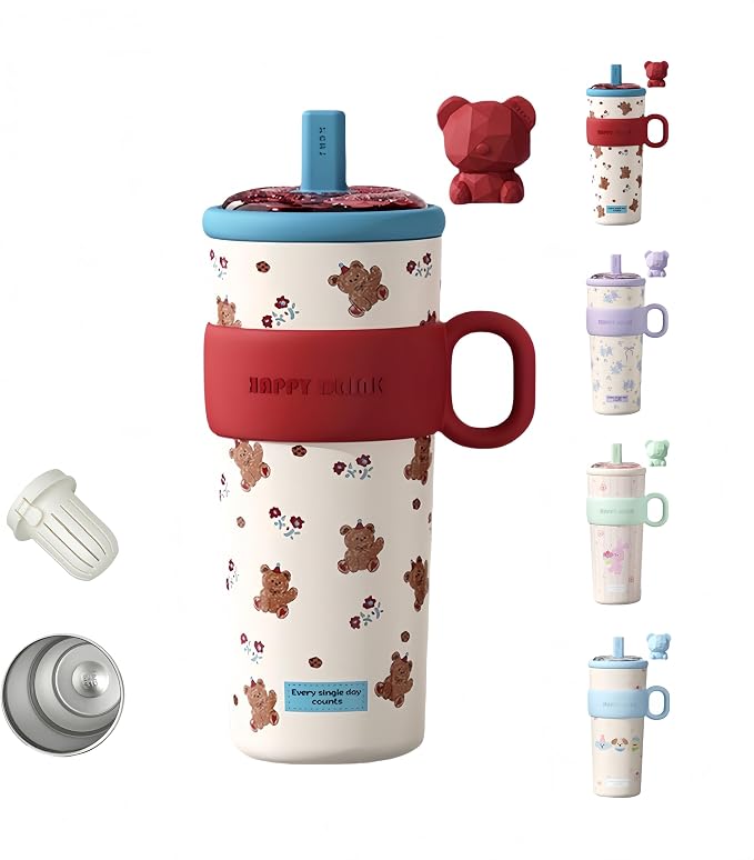 21oz Cute Bear Car Cup with Straw & Cap, Leak-Proof Portable Mug with Tea by Unknown