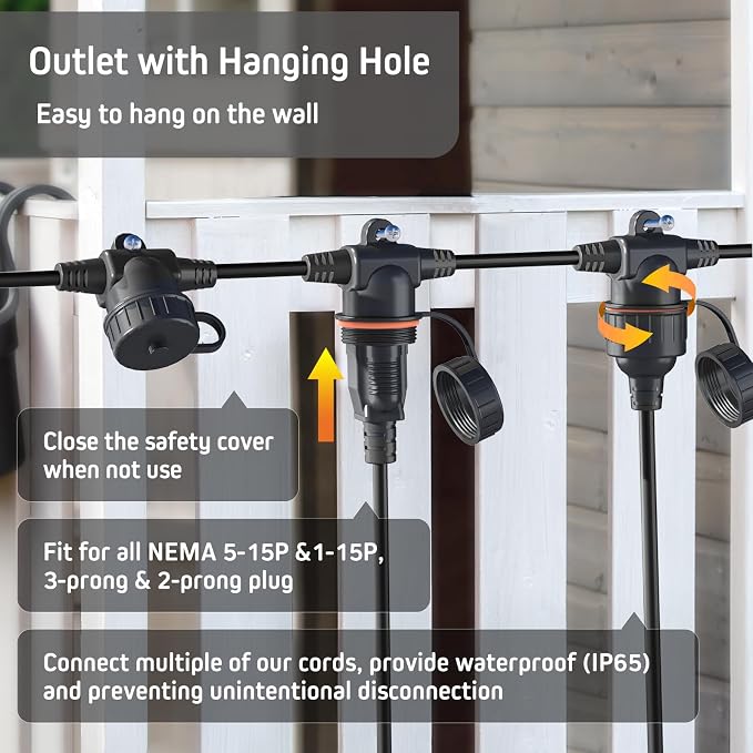 50FT Black Outdoor Extension Cord, Evenly Spaced 6 Outlets Plugs - Image 6