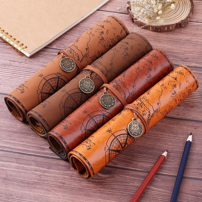 4 Color Leather Pen Case Vintage Pencil Bag Roll Map Compass Pattern Rolling - Image 5