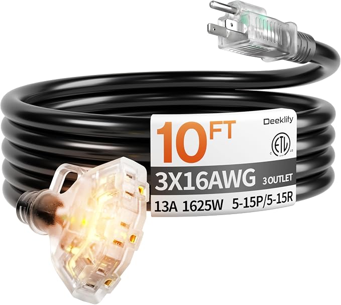 10 ft 16/3 awg 3 Outlet Extension Cord Splitter by Deeklify