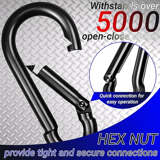 5 Pack 5.5" Heavy Duty Carabiner Clips, M14 Black Galvanized Steel Spring Snap - Image 3