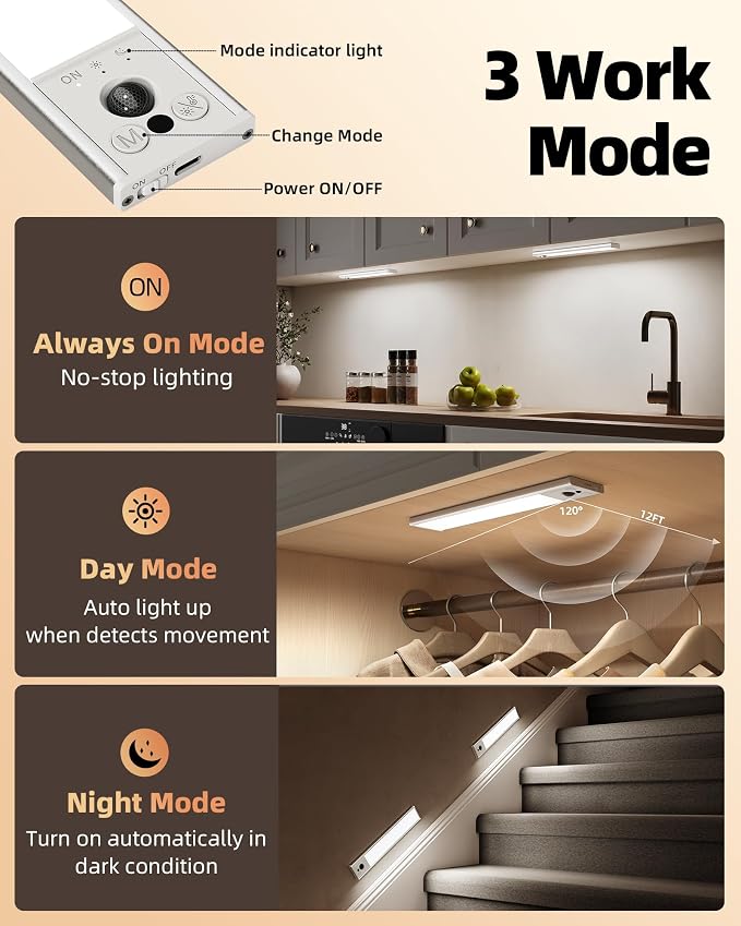 EZVALO 12inch Under Cabinet Lighting, LED Motion Sensor Light Indoor, 3100mAh - Image 5