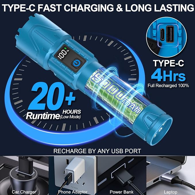 Rechargeable Tactical Flashlights 2000 High Lumens - 5000mAh Super Bright LED - Image 5