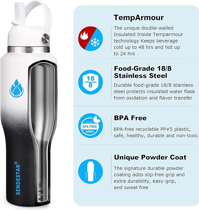 SENDESTAR Water Bottle, Wide Mouth Stainless Steel Vacuum Insulated Double Wall - Image 5
