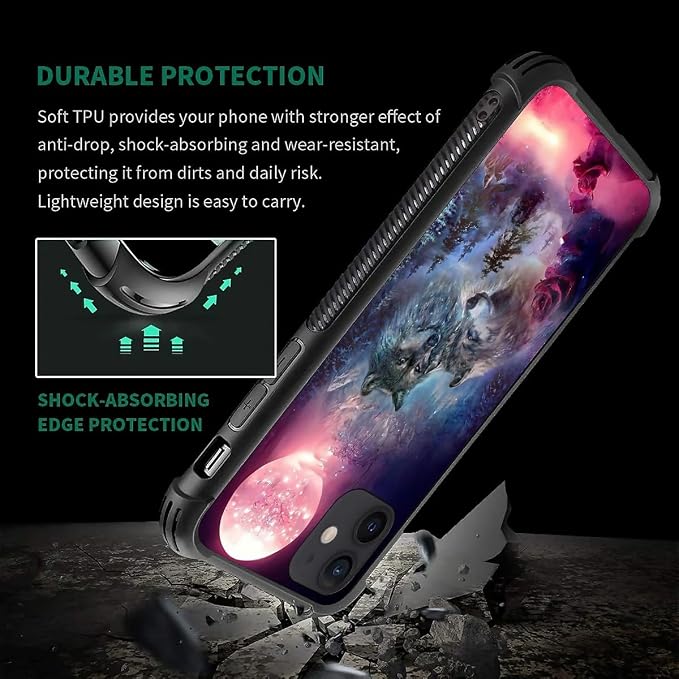 for iPhone 12 Mini Case, Star Two Wolfs Howling Pattern Graphic Design Girl Boy - Image 4