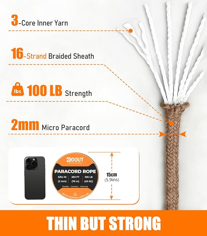 DDOUT 2mm Paracord 100lb, Thin Micro Paracord Rope, Tan 250FT Nylon Cord - Image 2