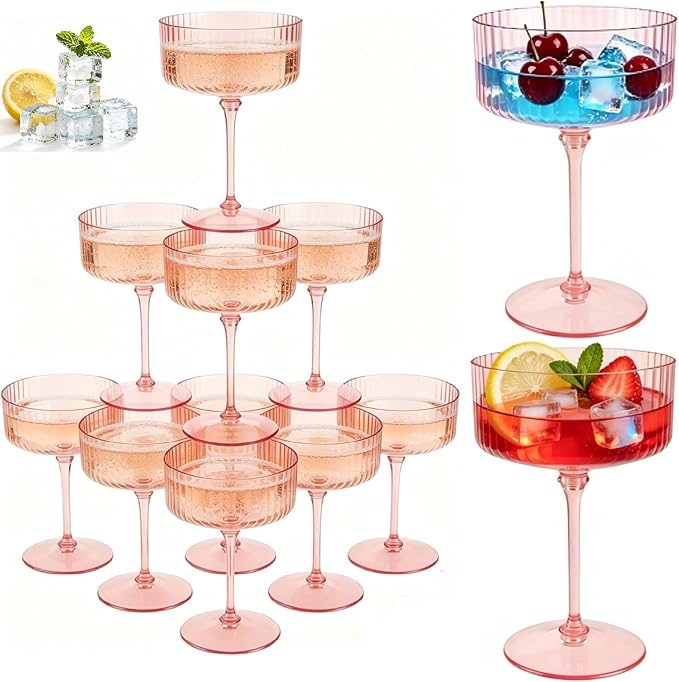 PLULON 12 Pcs Pink Champagne Martini Glasses Set 10 Oz Plastic Ribbed Coupe Cup by PLULON