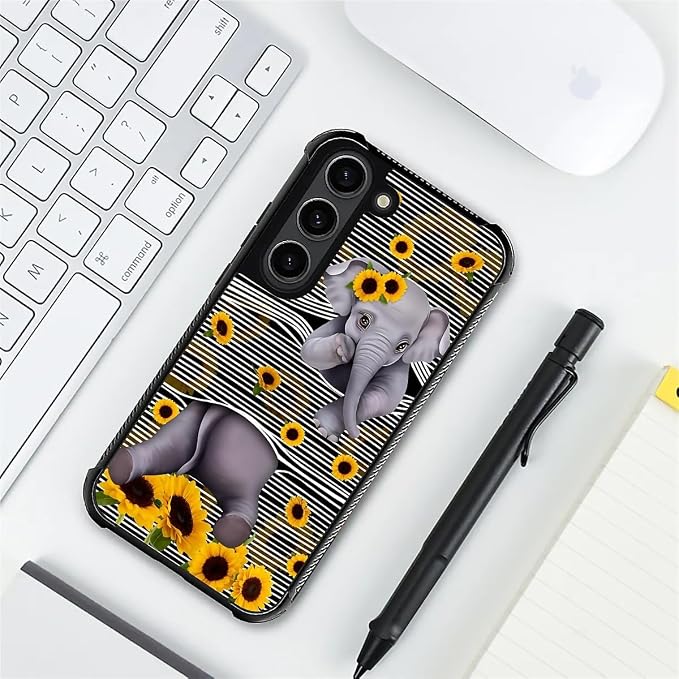 for Samsung Galaxy S23 Case, Cute Little Elephant Sunflower White Line Art - Image 7