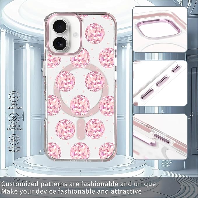 Case for iPhone 16 Plus, Disco Balls Pink Phone Case Design，for Women Girls - Image 2