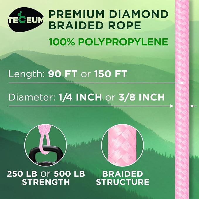 TECEUM Rope – 90 Feet x 1/4 Inch – Pink – Strong All-Purpose Utility Rope – - Image 2