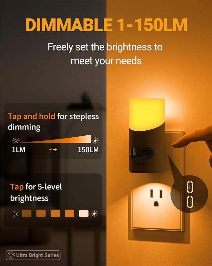 Lyridz Amber Night Light with Motion Sensor, 1-150LM Dimmable Plug-in - Image 2