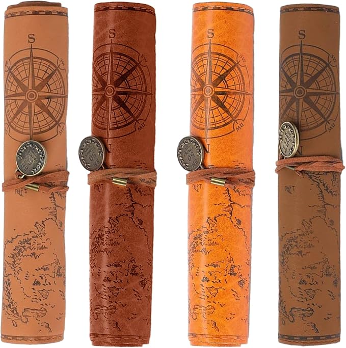 4 Pieces Leather Pencil Case, Creative Map Rollup Pencil Bag, Vintage Makeup by Unknown