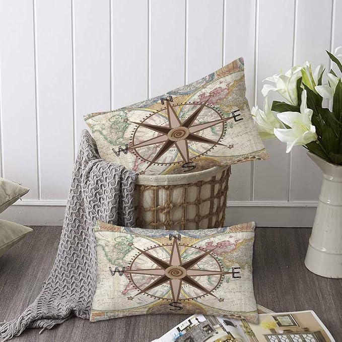 Nautical Compass Throw Pillow Covers 12 X 20 Historical World Map Earth - Image 6