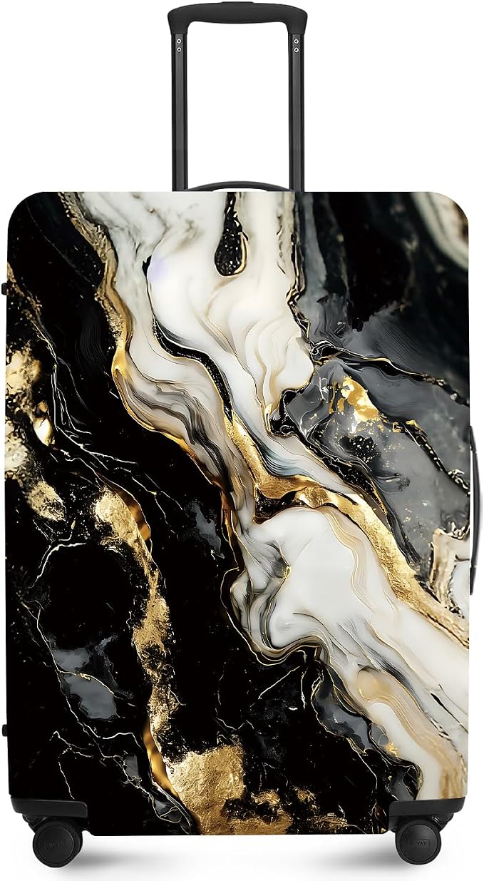 ANNA QUEEN Black White Gold Marble Luggage Cover- Stretchable, Water Resistant by ANNAQUEEN