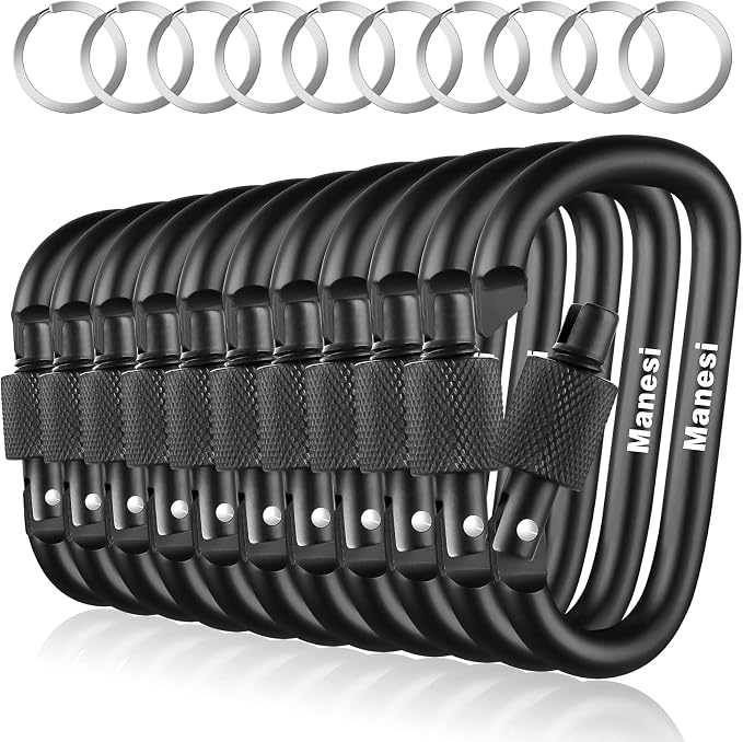 10 Pack Aluminum D Ring Key Rings Clips Locking Carabiner by Manesi