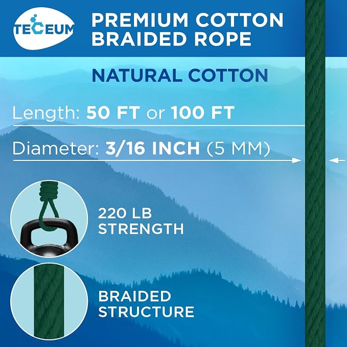 TECEUM Cotton Rope 3/16” – 50 FT – Strong All-Purpose Braided Rope – Natural - Image 2