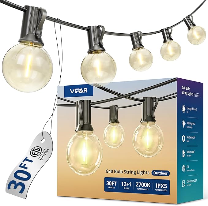 VIPAR Outdoor String Lights, 30FT 13 G40 Bulbs Patio Lights Outdoor Waterproof by VIPAR