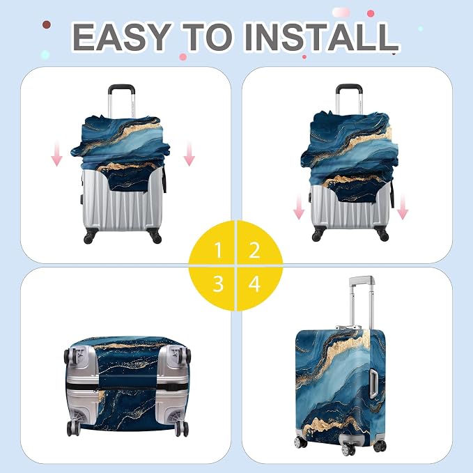 ANNA QUEEN Blue Marble Luggage Cover, Modern Gold Vein Abstract Design Suitcase - Image 6