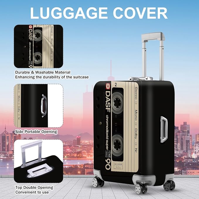 ANNA QUEEN Retro Cassette Tape Luggage Cover, Vintage Music Design Suitcase - Image 3