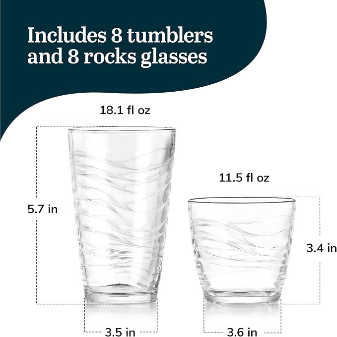 Libbey Orbita Rocks and Tumbler Drinking Glasses Set of 16, Durable Glass Cups - Image 3