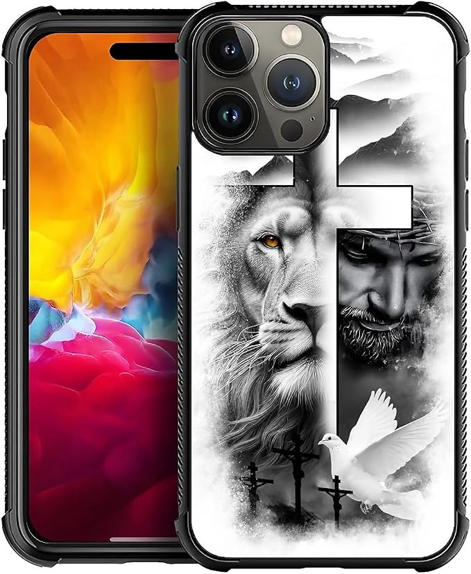 for iPhone 15 Pro Max Case, Lion Cross Jesus Christ Dove Pattern Graphic Design by FKBRCL4U
