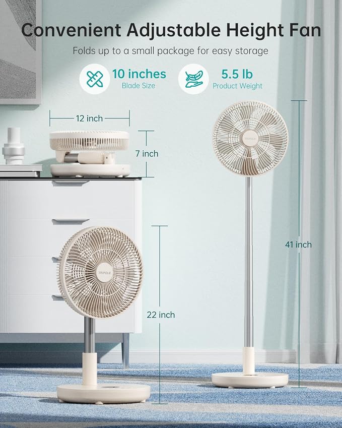 TriPole Foldable Standing Fan 12" Portable Rechargeable Battery Pedestal Fan - Image 5