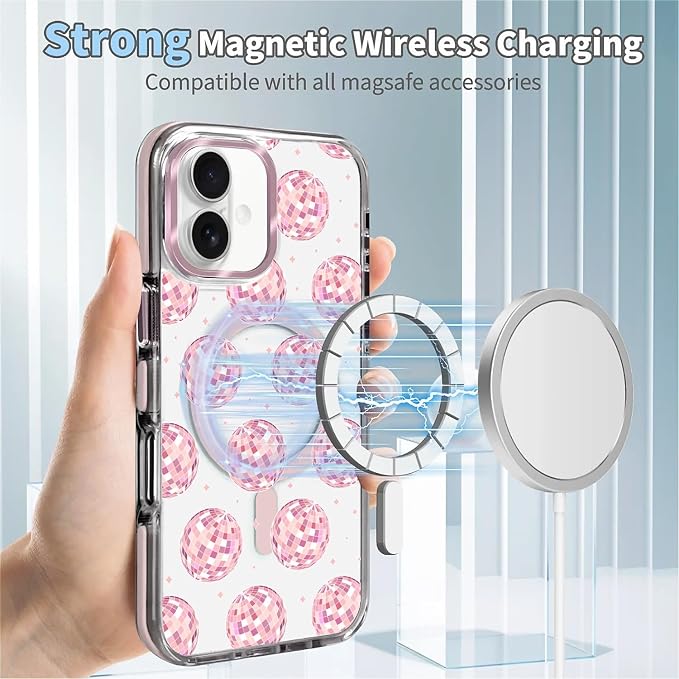 Case for iPhone 16 Plus, Disco Balls Pink Phone Case Design，for Women Girls - Image 4