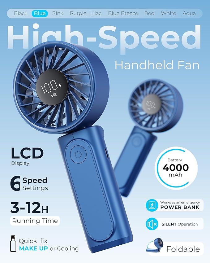Handheld Fan, Portable Fan, 4000mAh Rechargeable Personal Fan, 180° Foldable - Image 2