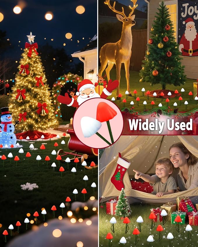 OZS 2PK 32LED 55FT Red and White Christmas Decorations Mushroom Solar Lights - Image 3