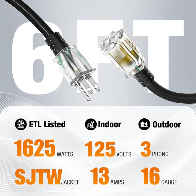 6 FT Outdoor Extension Cord Waterproof, 16/3 Gauge Heavy Duty 3 Prong Power Cord - Image 2
