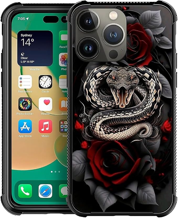 for iPhone 12 Pro Max Case, Entwined Rose Snake Pattern Graphic Design Girl Boy by FKBRCL4U