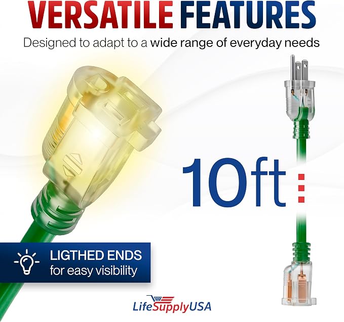 10ft Outdoor/Indoor Extension Cord 16/3 Gauge Heavy Duty 3 Prong SJTW, - Image 6