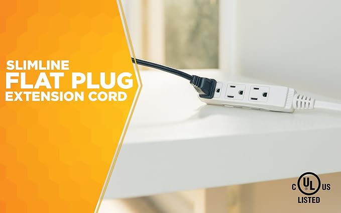 Woods SlimLine Indoor Flat Extension Cord, 8 Ft, 16 Gauge Right Angle Plug - Image 2