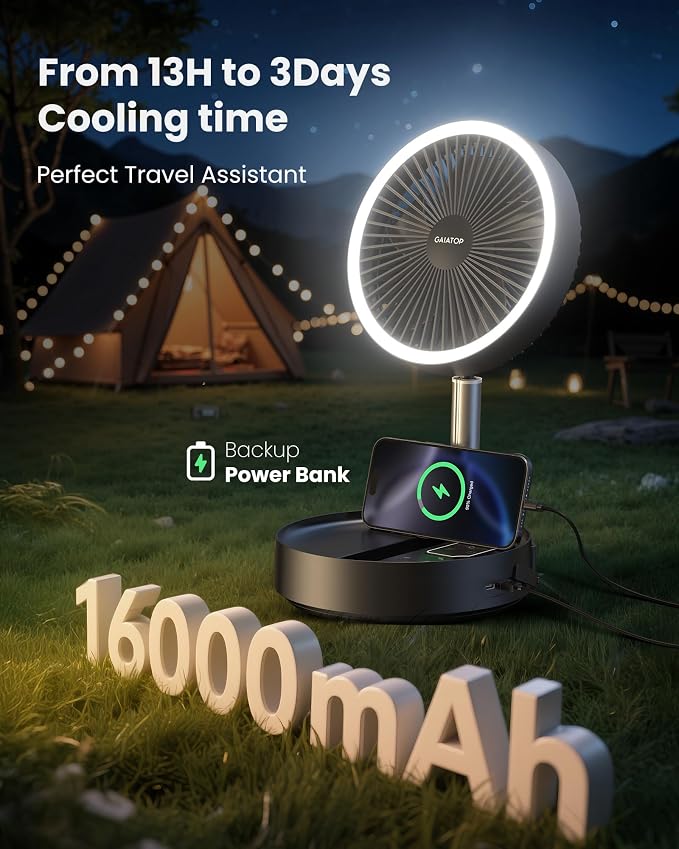 Gaiatop Portable Pedestal Fan 16000mAh Battery, Foldable Oscillating Standing - Image 2