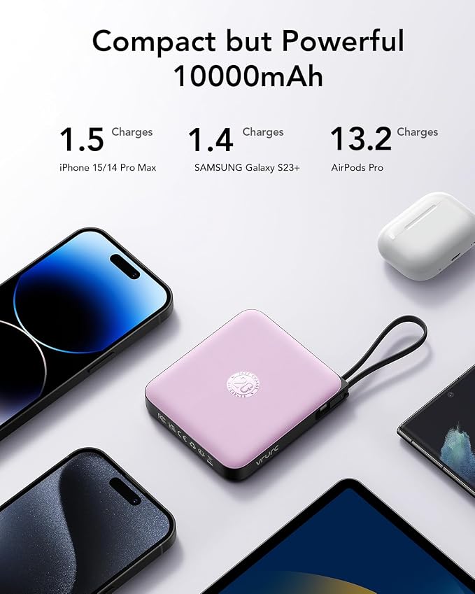 VRURC Portable Charger with Built-in Cable, 10000mAh 22.5W Fast Charging USB C - Image 3